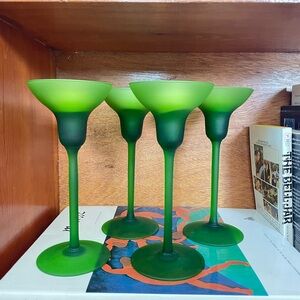 Vintage MCM Candle Holders Green Satin Glass